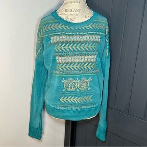 Eze Sur Mer Teal Embroidered Long Sleeve Sweatshirt